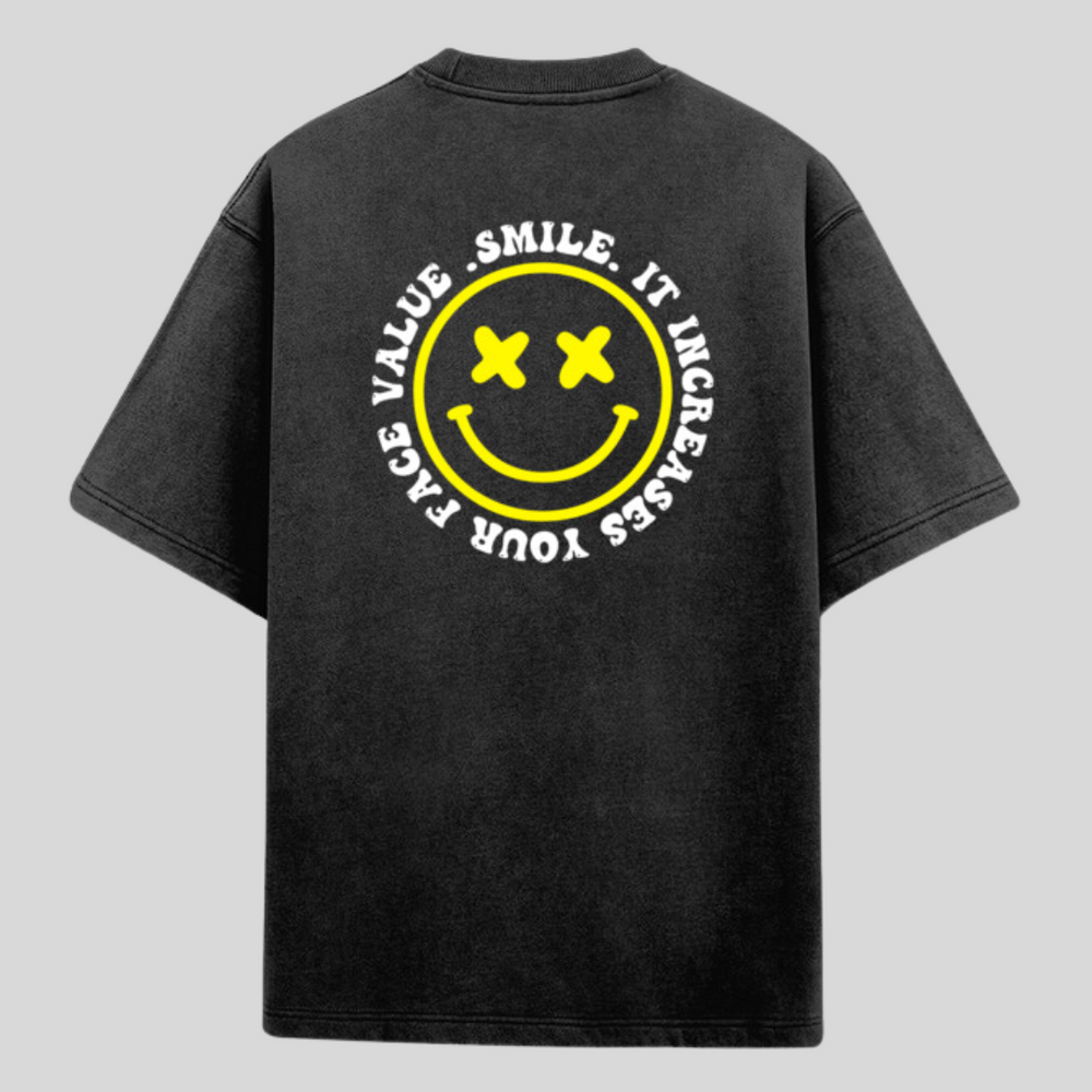 Smile Unisex Acid Wash Oversized Tshirt - Black